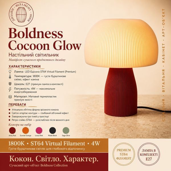 Дизайнерський світильник Boldness Cocoon Glow (з лампою Едісона), білий, червона основа 190526-01 фото