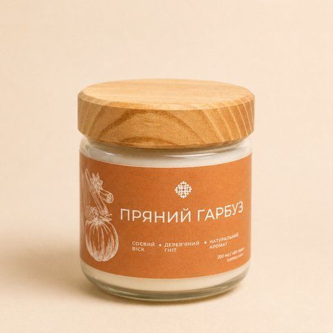 Соєва свічка в скляній банці з дерев'яною кришкою, аромат Пряний гарбуз 200 мл 139 фото