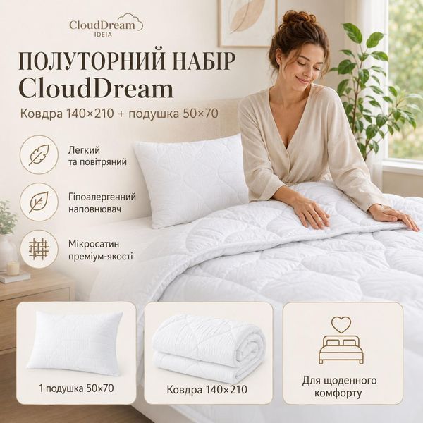 Набор постельный Cloud Dream полуторный IDEIA одеяло 140х210 + шт подушка 50х70 белый, искусственный пух 8-36027*001 фото